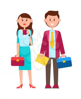 Couple standing with briefcases, poster woman with cup of coffee and man wearing formal clothes, working people vector illustration isolated on white