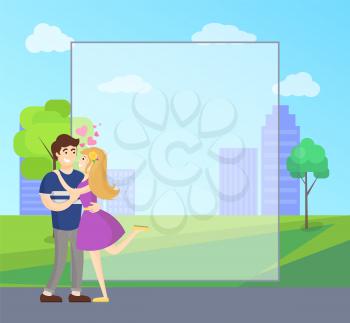 Boy and girl hugging with hearts showing love and passion, vector on background of skyscrapers in park, place for wishes and greetings, transparent border