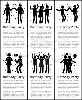Birthday party vertical monochrome posters set with sample texts and people silhouettes in dynamic poses isolated cartoon flat vector illustrations.