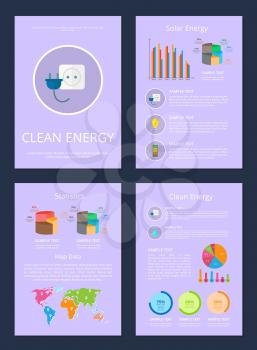 Four clean solar energy statistics map data cards, vector illustration with lilac backdrop, varied icons and infographics, color diagrams power socket