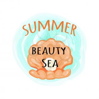 Summer sea beauty poster with open seashell with shiny round pearl cartoon style background, vector illustration of highly valued gemstone