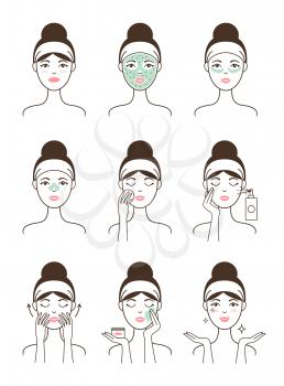 Face skin care procedure all stages on female model with natural mask and fresh sprays isolated cartoon flat vector illustrations on white background.