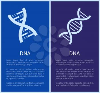 DNA set of white spirals isolated on blue backdrops, different forms DNA chains with genetic information, framed vector illustrations, text sample