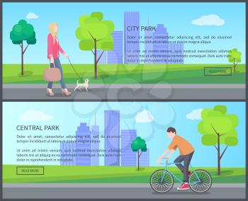 Central city park color banner, vector illustration with woman in pink jacket and heeled shoes, walking with with pet, cyclist and text, push buttons