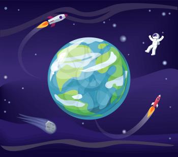 Earth and spaceman, wearing spacesuit, poster with planet and rockets, stars and flight and exploration, placard, isolated on vector illustration