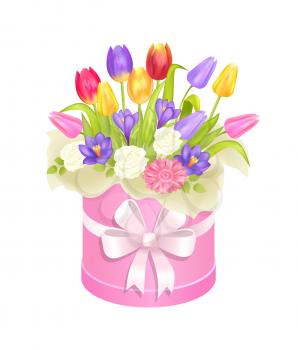 Spring delicious flower colorful tulips, bright daisies and crocus flowers on round paper box decorated by bow vector illustration isolated on white