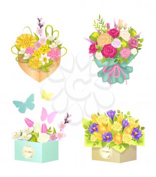 Bouquets and flowers set, collection of boxes with floral elements, gerbera and roses, butterflies and decoration, isolated on vector illustration
