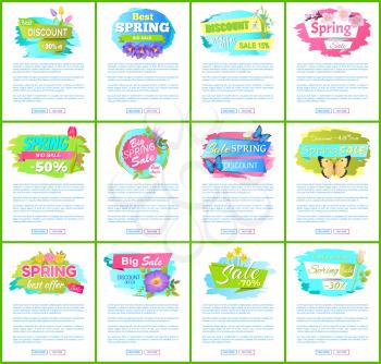 Spring big sale off set of advertisement labels on web posters tulip rose crocus daffodil flowers, springtime blooming promo emblems on landing pages