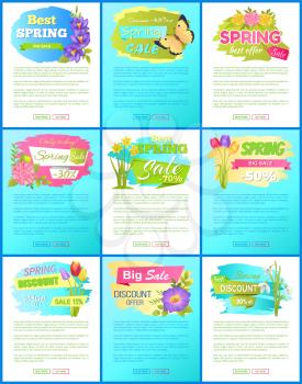 Collection spring big sale off advertisement labels on web posters tulip rose crocus daffodil flowers, springtime blooming promo emblems on landing pages