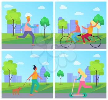 Set of four posters with people in city park. Vector illustration contains man on roller skates, couple riding bicycle, woman with dog and girl on kick scooter
