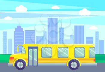 School bus riding on road of small town vector, cityscape with skyscrapers and high buildings. City with green parks and grass by highway, minibus. Flat cartoon