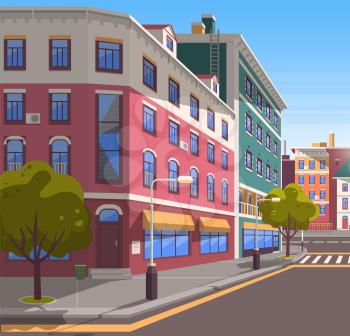 Town with buildings and empty street, 3d look of city road and houses. Bushes and trees, greenery cityscape. Skyline, crossroad with zebra. Cityscape with houses facades. Ubran landscape. Flat cartoon