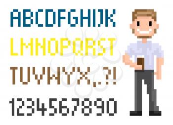 Pixel man vector, alphabet pixelated graphics man with beverage in cup, hipster smiling, abc with pixel numbers and points, 8 bit exclamation mark gamification