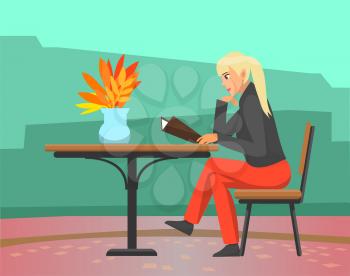 Woman sitting outside reading menu ready to make order vector. Table with vase decorated with yellow leaves, cityscape in autumn. Lady in cafe alone. Flat cartoon