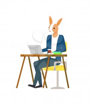 Hare working on laptop sitting at table and typing on computer. Vector bunny head in businessman suit, coffee and books on desk top. Rabbit works in office. Flat cartoon
