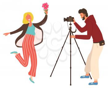 Photographer man shooting model female with flower. People in photo studio, man and woman photographing and posing, paparazzi equipment, hobby vector. Flat cartoon