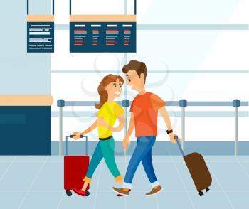 People on vacation vector, relaxing man and woman with luggage. Summer trip of pair, tourists with bags walking, smiling youth with personal suitcases. Flat cartoon
