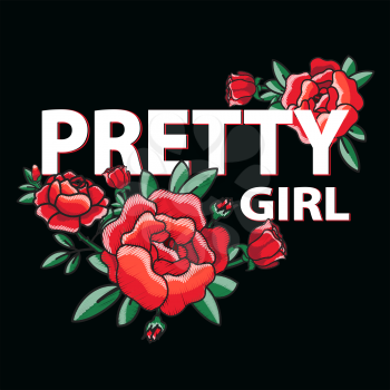 Pretty girl poster with red roses vector illustration isolated on black background. Embroidered flowers in blossom with green leaves