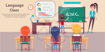 Language class vector image depicting classroom, studying pupils, school furniture with stationery and teacher standing near blackboard with place for text.