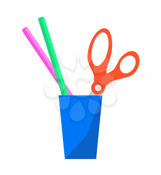 Colorful vector poster of school stationery items namely blue plastic cup, scissors, pink and green pens or pencils isolated on white background.