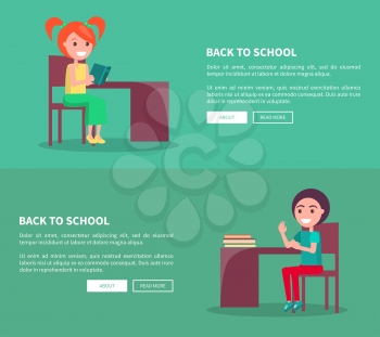 Back to school template poster with two isolated sitting small students reading book or raising hand. Vector web banner of studying kids