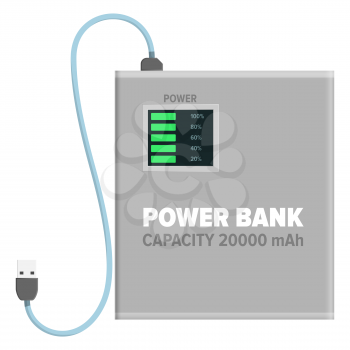 Power bank with capacity of 20000 mAh isolated on white background. Energy container with USB wire for connection with device. Electrical appliance to refill power content vector illustration.