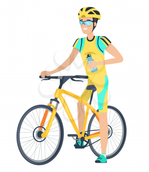 Vector illustration of yellow bicycle and smiling sportsman dressed in cycling clothing including helm isolated icons on white.