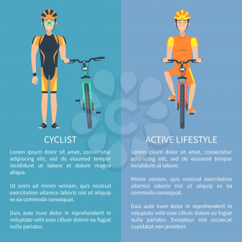 Cyclist and active lifestyle set of posters. Isolated vector illustration of joyful athletes dressed in cycling clothing on or with bicycle
