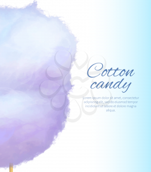 Closeup realistic purple cotton sweet candy on stick vector colorful illustration isolated on white with place for text. Banner with fairy candies floss