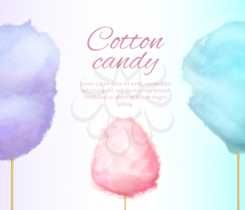 Cotton candy banner with sweet floss form of spun sugar vector colorful illustration isolated on white with place for text