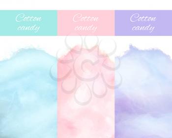 Cherry bilberry and blueberry cotton candies vector illustrations closeup isolated on white. Sweet tasty desserts for children in graphic design
