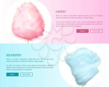 Cherry and blueberry cotton candies web banners with place for text. Sweet tasty desserts for children in graphic design