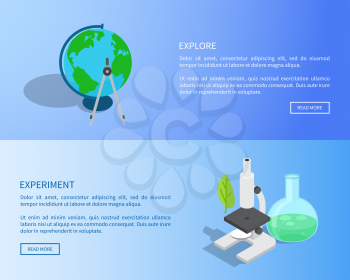Explore and experiment scientific web page with globe model, metal divider, modern microscope and flask with substance vector illustratrations.