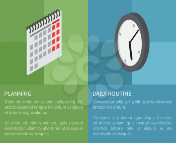 Planning daily routine template vector poster of two parts with green and blue backgrounds and paper calendar, round clock and text on them