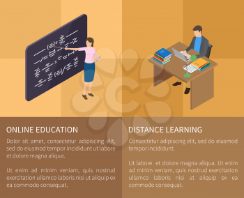 Online education and distance learning vector poster of two parts with teacher near blackboard and male student studying with laptop at table