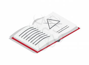 Open geometry textbook with red hardcover on page with equilateral triangle draft isolated cartoon vector illustration on white background.