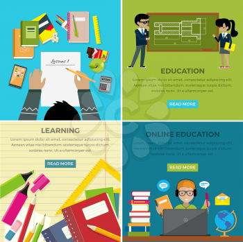 Learning and online education lesson web banner of four pictures. Boy writing word on paper and office supplies around, boy and girl near blackboard, teenager in headphones using laptop studies online