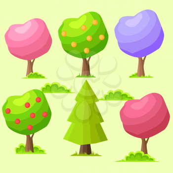 Low poly colorful trees with ripe fruits vector set. Funny fairy apple trees with different colors crowns and spruce or pine isolated flat illustration collection. Game environment plants elements
