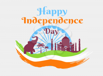 Happy Independence Day in India holiday poster with flag colors and national symbols silhouettes isolated vector illustration on white background.