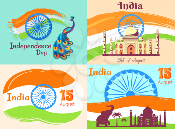 15 August Independence Day in India posters with national flag and country animalistic and architectural symbols vector illustrations.