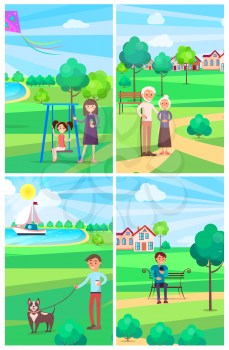 People relaxing in summer park poster of four images. Vector collection of young and senior men and women entertaining on fresh air