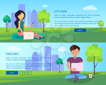 City park web banner with people having fun with digital gadgets. Social networking on fresh air, surfing in Internet in free wi-fi zone