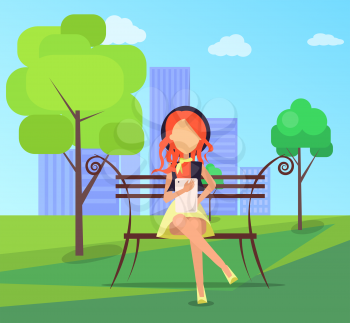 Spending time in park banner. Woman listening to music sitting on bench and watching movie on tablet vector illustration
