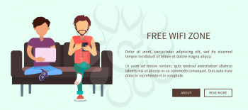 Free wi-fi zone web banner with two men sitting on leather bench and searching information in internet. Addiction from computer technologies concept