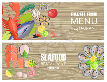 Seafood restaurant menu with fresh fish, big lobster, oysters of several kind, king shrimp, tasty octopus and organic seasoning vector illustration.
