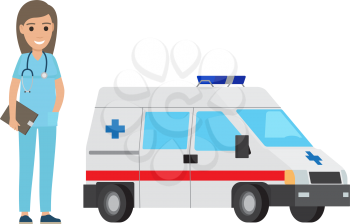 Nurse near ambulance car isolated on white vector illustration. Medical adviser with stethoscope on neck holds dark tablet.