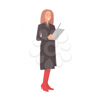Smiling woman prepares for report discussion flat design isolated on white. Female dressed in black long jacket and red boots. Businesswoman holding paper and pen. Vector illustration of startups.