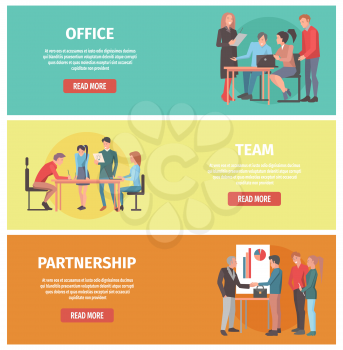Work in office, team formation and partnership between firms internet page template with text and read more button vector illustration.