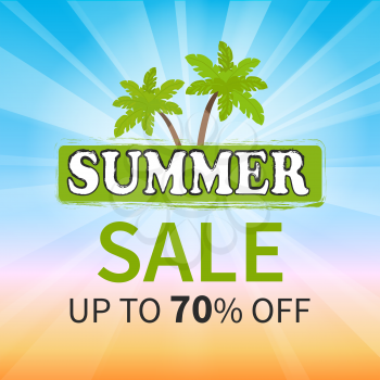 Summer sale up to 70 percent promotional poster with text on background of sunny landscape with palm leaves and sun rays