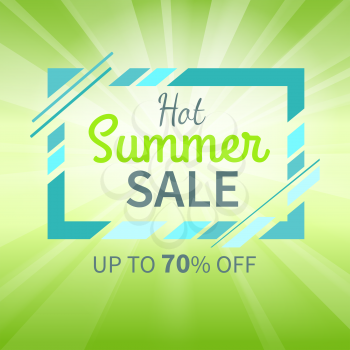 Hot ummer sale up to 70 off colorful vector illustration. Seasonal discount card with inscription and abstract frame on bright background
